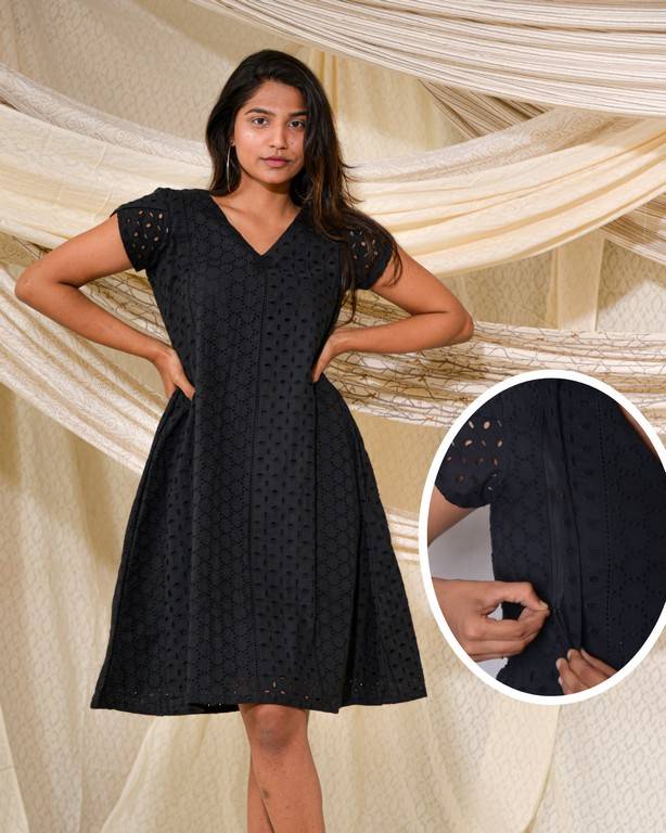 Panel Black Cutwork Nursing Short Dress