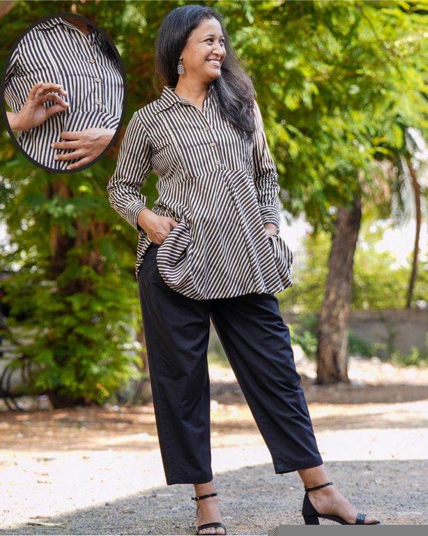 Black Striped Maternity Short Kurti