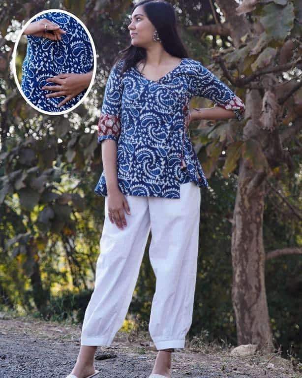 Rosy Blue Angrakha Maternity Short Kurti