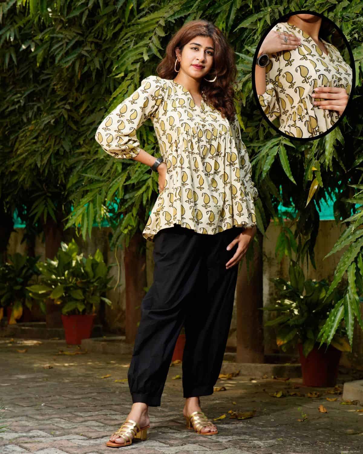 Mustard Block Print Maternity Short Kurti Main image