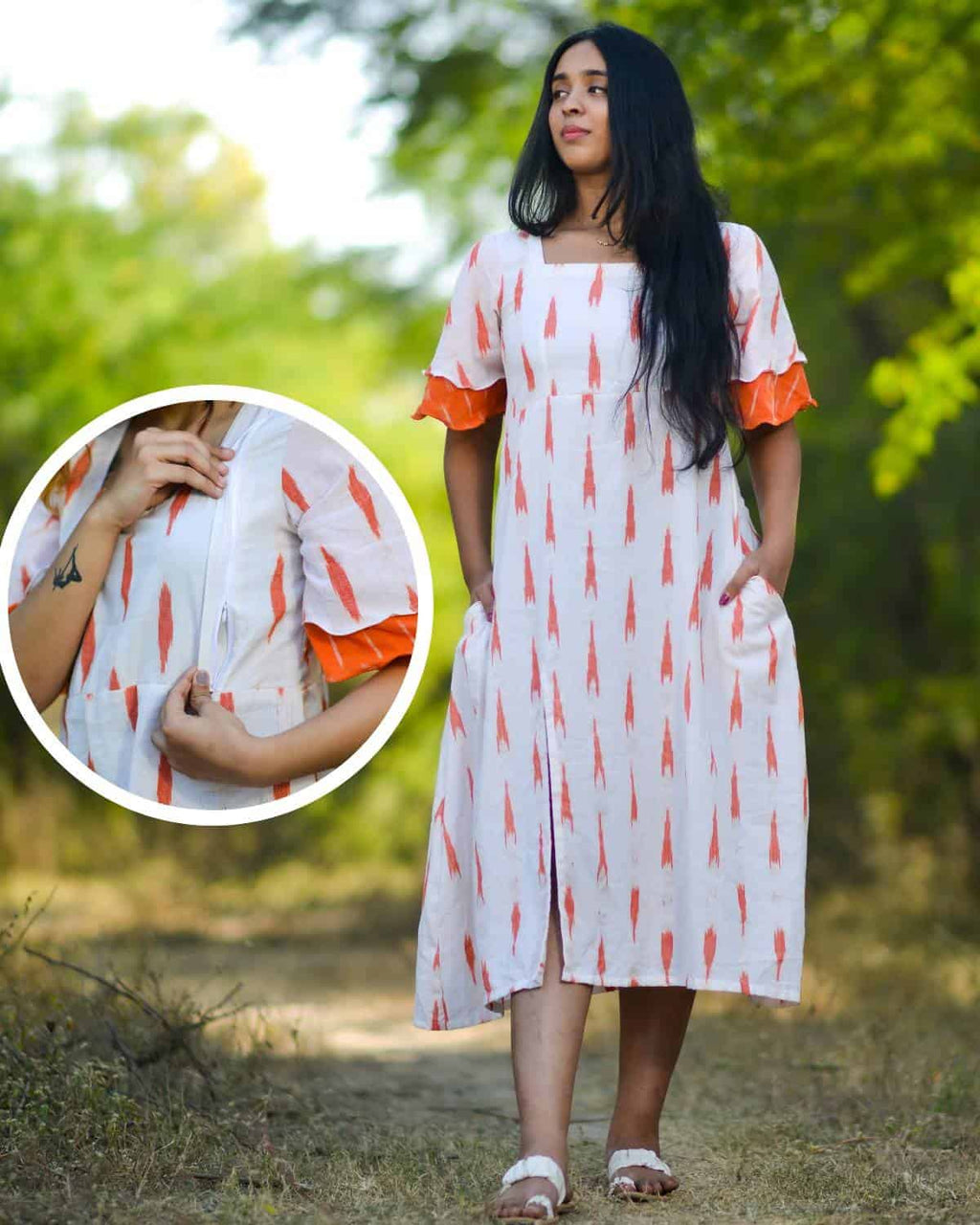 Willow White Ikat Front Slit Nursing Dress