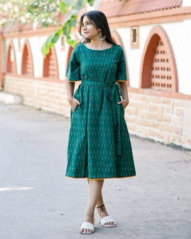 Pickle Green Ikat Dress with Belt