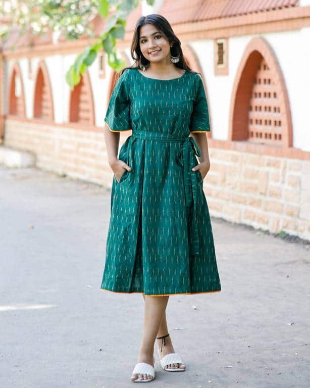 Pickle Green Ikat Dress with Belt