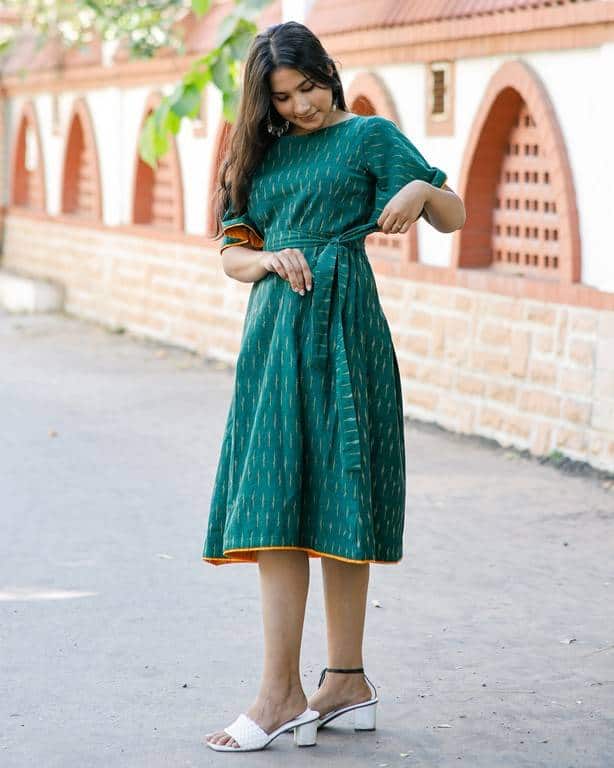 Pickle Green Ikat Dress with Belt