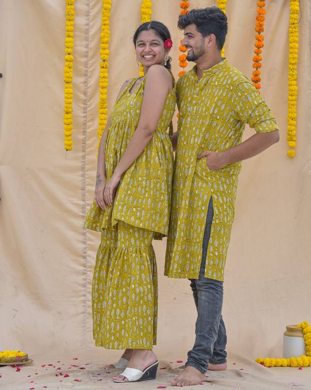 Yellow Fish Print Sharara Couple Set