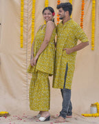 Yellow Fish Print Sharara Couple Set
