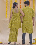Yellow Fish Print Sharara Couple Set