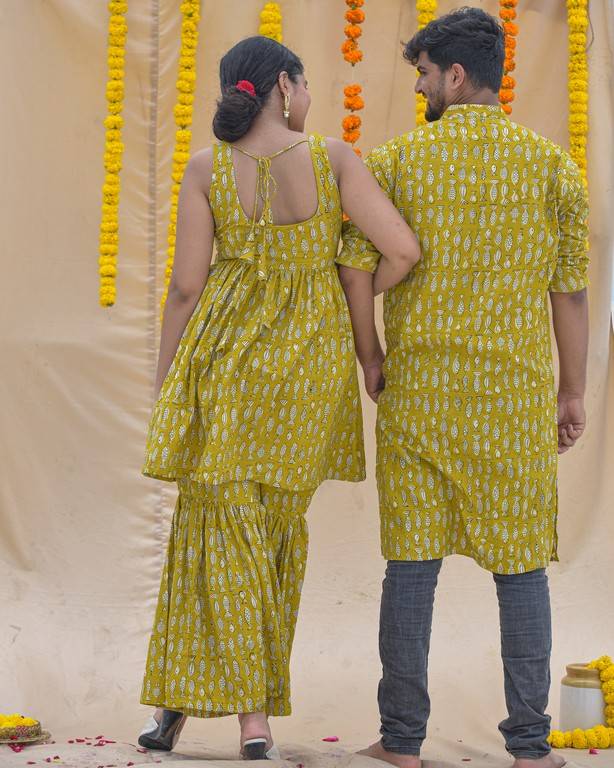 Yellow Fish Print Sharara Couple Set