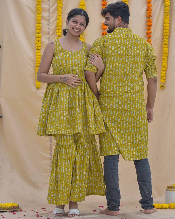 Yellow Fish Print Sharara Couple Set