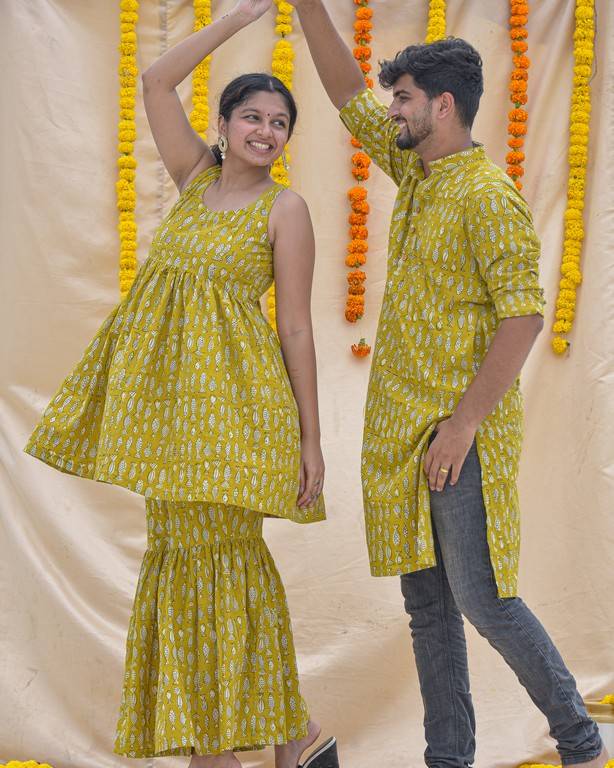 Yellow Fish Print Sharara Couple Set