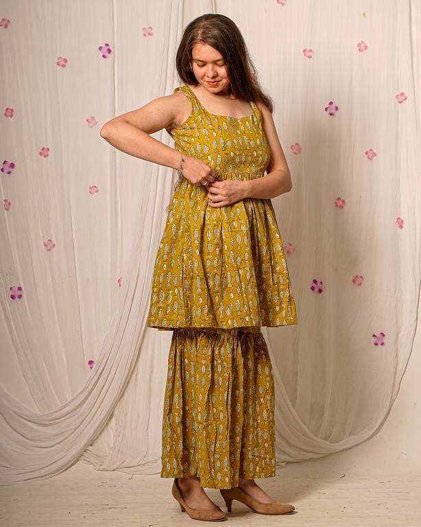 Yellow Fish Print Sharara Nursing Dress Set