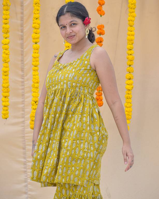 Yellow Fish Print Sharara Set