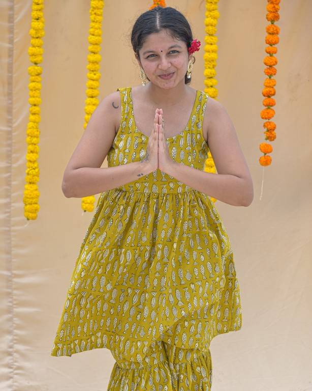 Yellow Fish Print Sharara Set