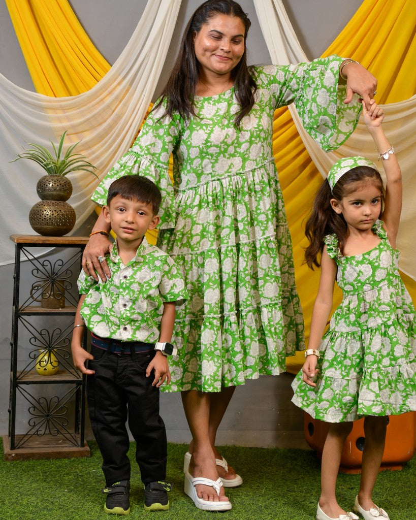 Pistachio Green Floral Mother Kids Twinning