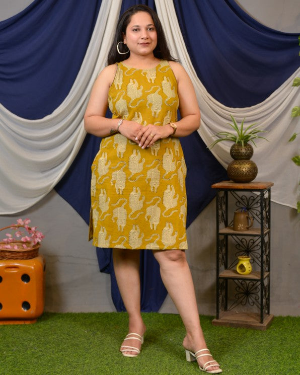 Mustard Kitty Halter Shift Maternity Dress