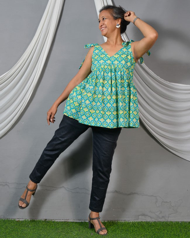 Tiffany blue tie-up short kurti