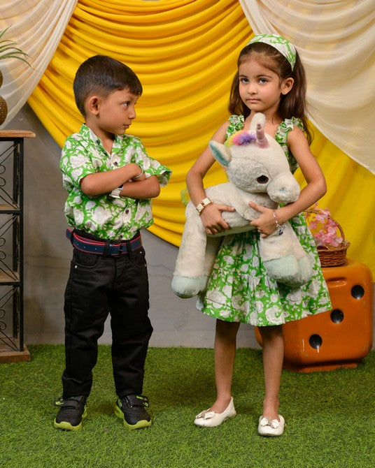 Pistachio Green Floral Mother Kids Twinning