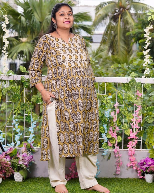 Mustard Block Print Maternity Kurti
