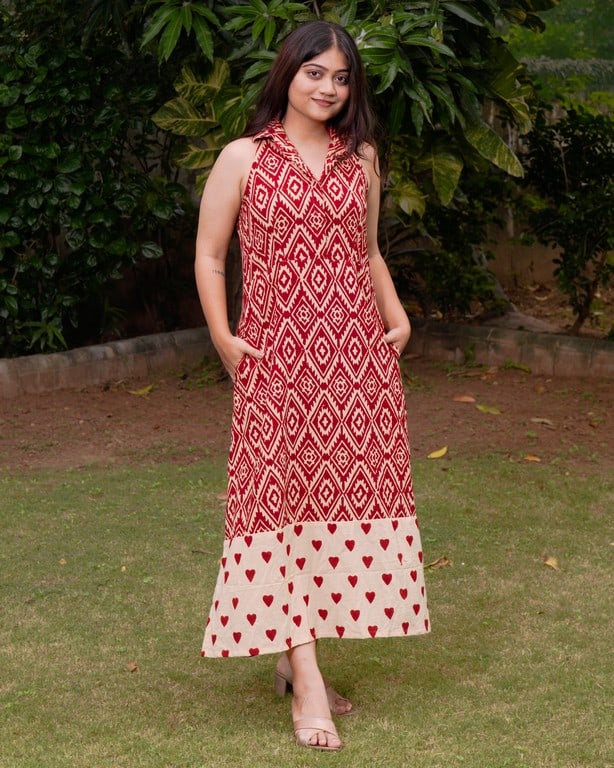 Red Aztec Halter Midi Dress