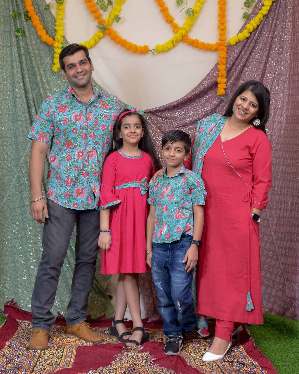 Raspberry Aqua Pink Anarkali Family Set