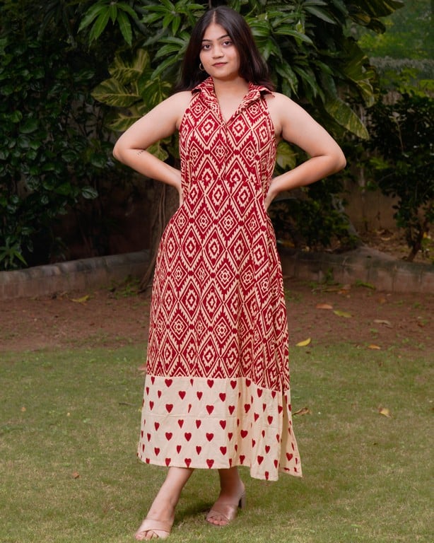 Red Aztec Halter Midi Dress