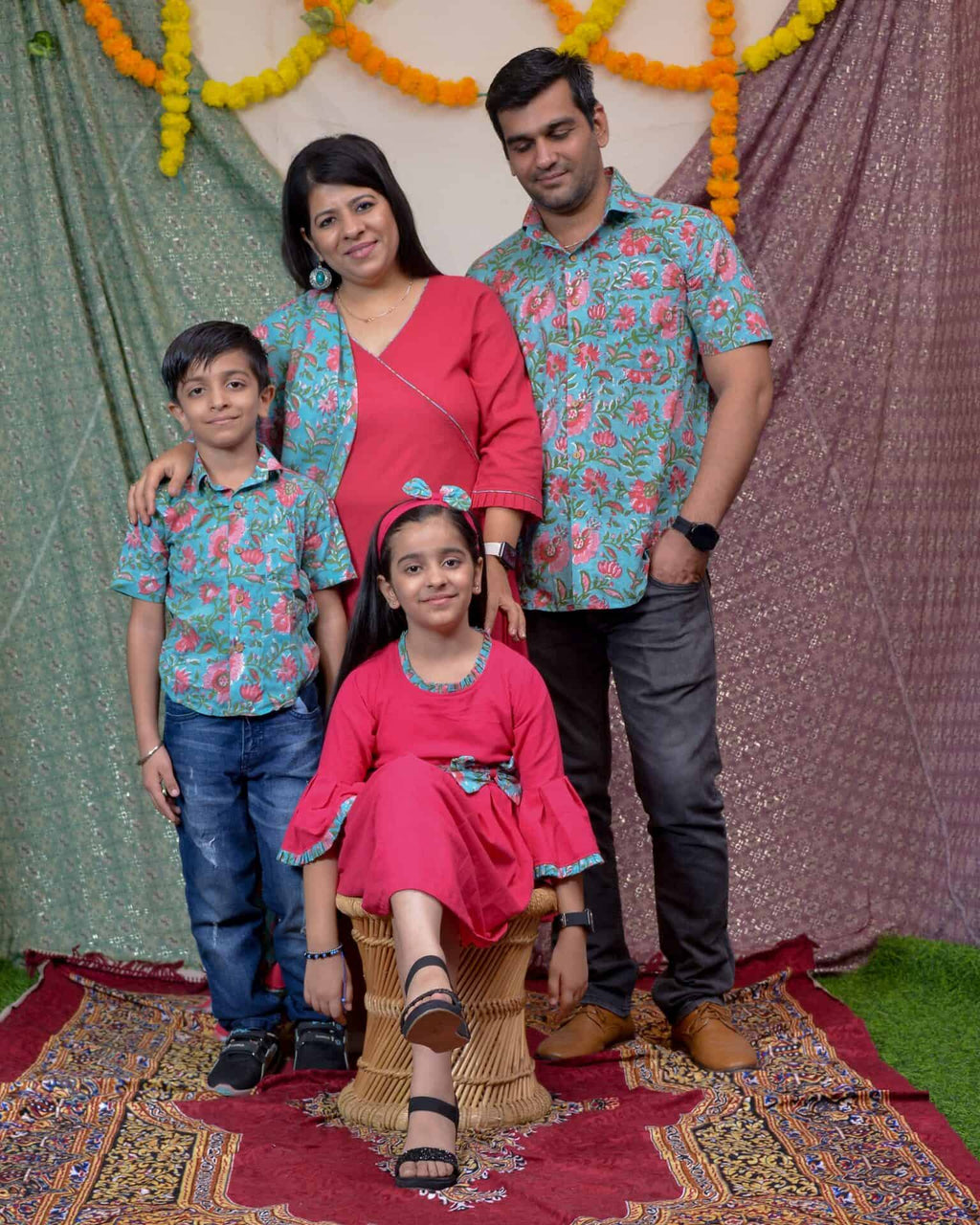 Raspberry Aqua Pink Anarkali Family Set