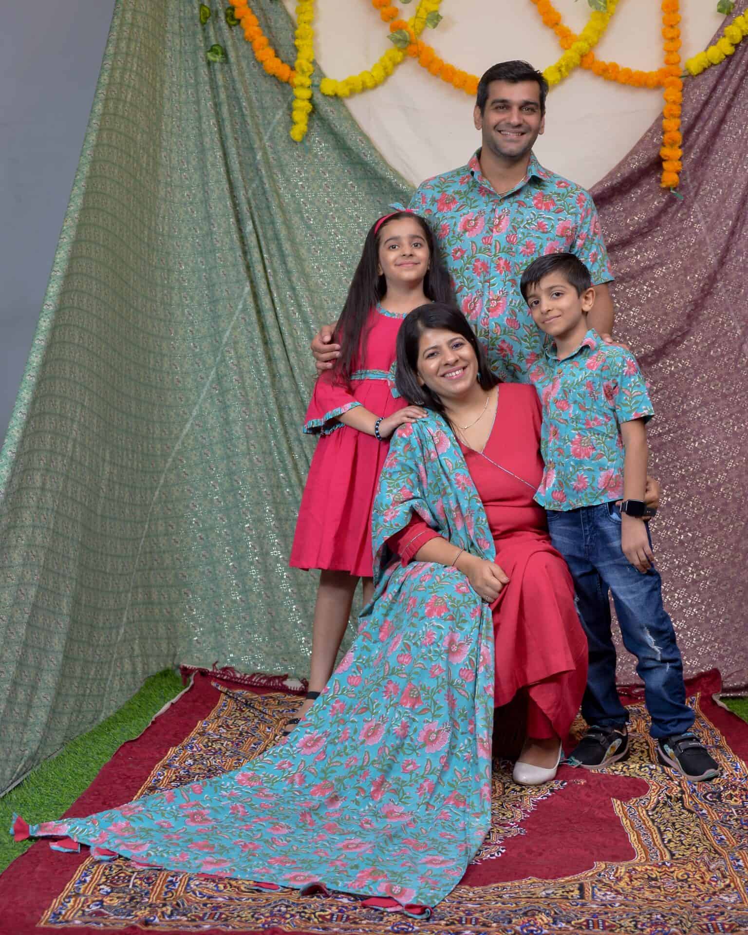 Raspberry Aqua Pink Anarkali Family Set