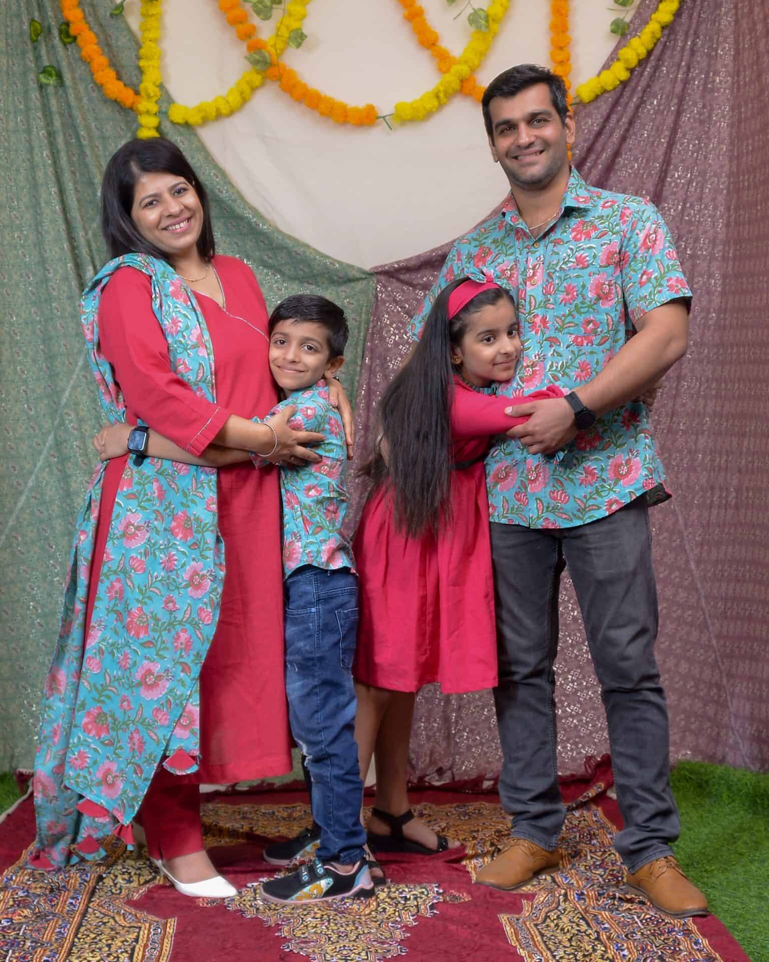 Raspberry Aqua Pink Anarkali Family Set