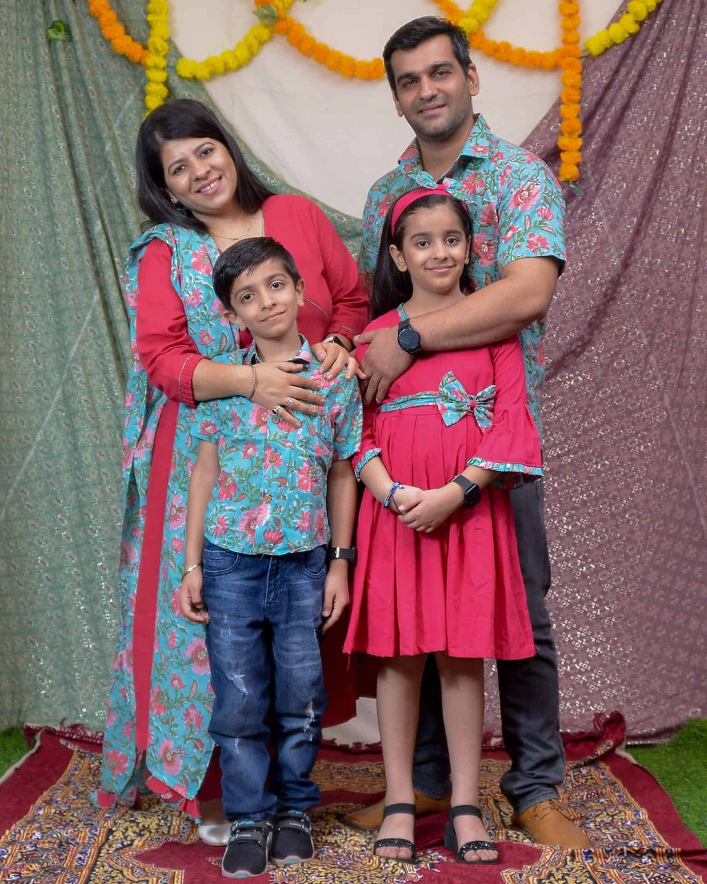 Raspberry Aqua Pink Anarkali Family Set