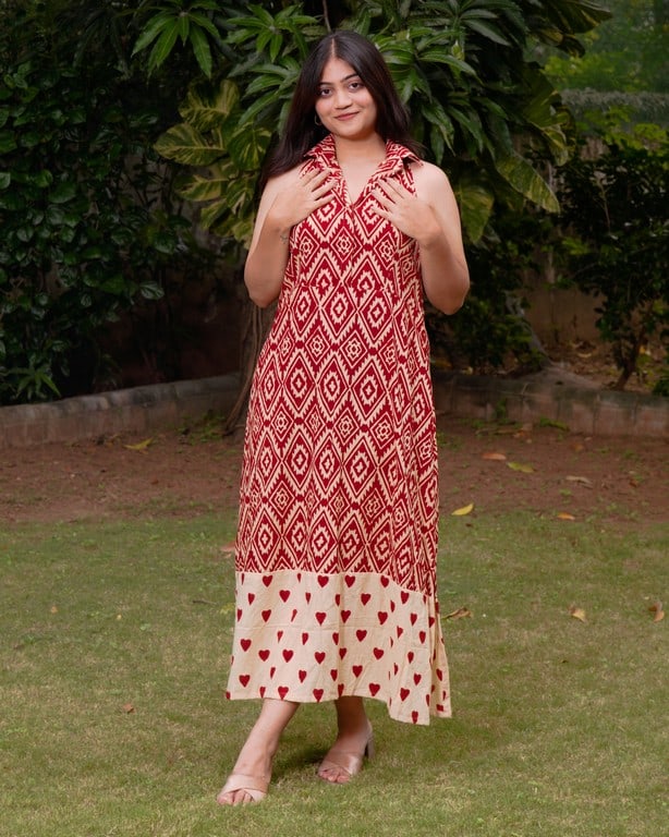 Red Aztec Halter Midi Maternity Dress