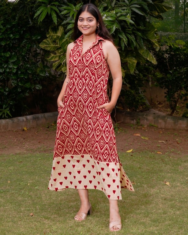 Red Aztec Halter Midi Dress