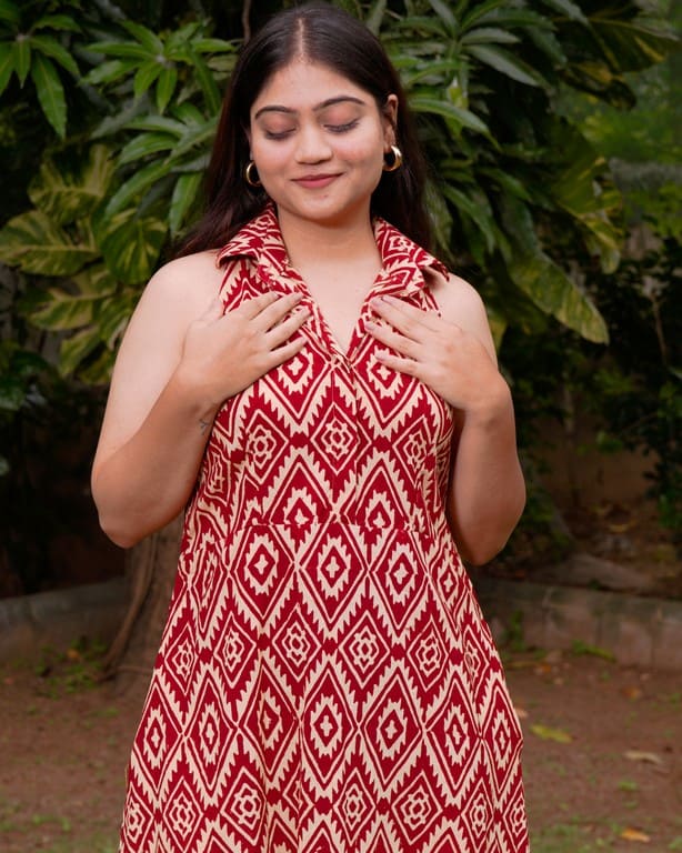 Red Aztec Halter Midi Dress