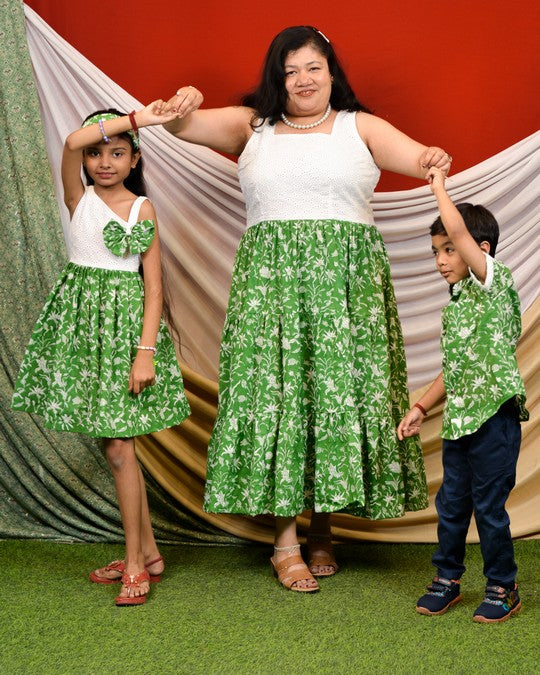 Emerald Green Cutwork Mom Kid Twinning