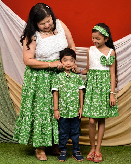 Emerald Green Cutwork Mom Kid Twinning