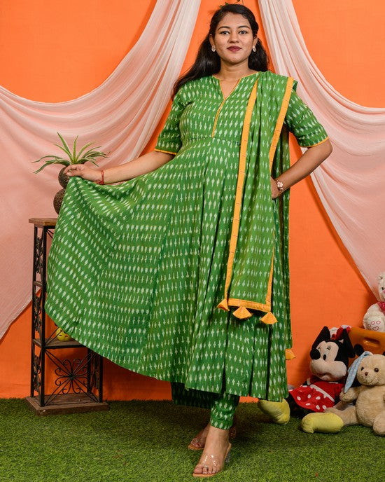 Green Ikat Anarkali Maternity Set