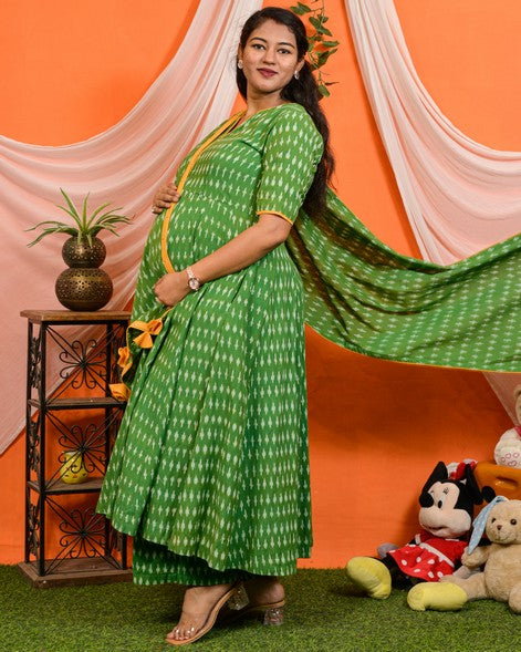 Green Ikat Anarkali Maternity Set