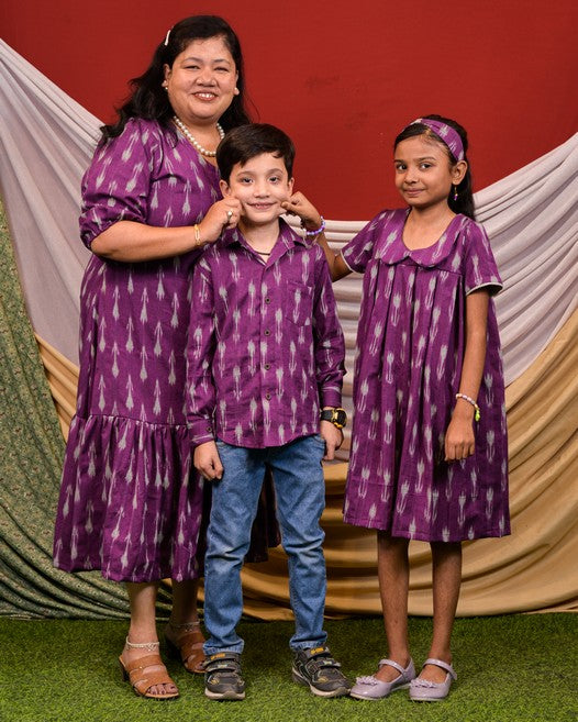 Purple Aster Ikat Frill Mother Kids Twinning