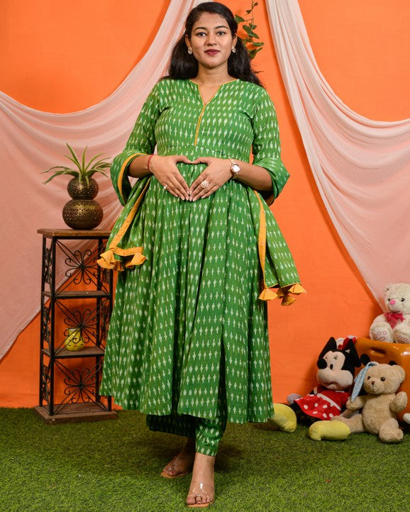 Green Ikat Anarkali Maternity Set