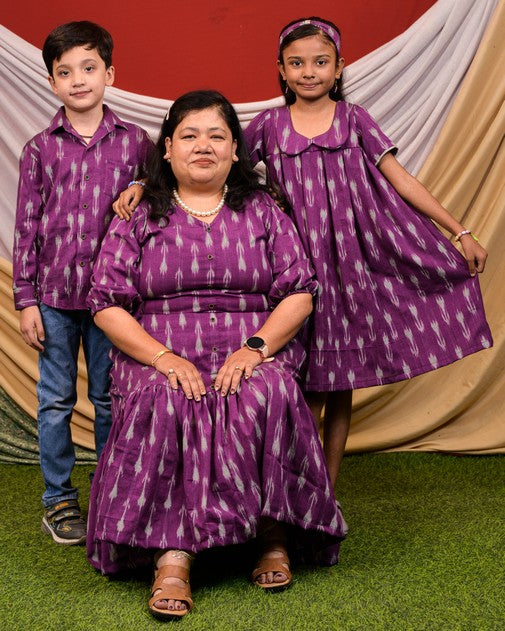 Purple Aster Ikat Frill Mother Kids Twinning