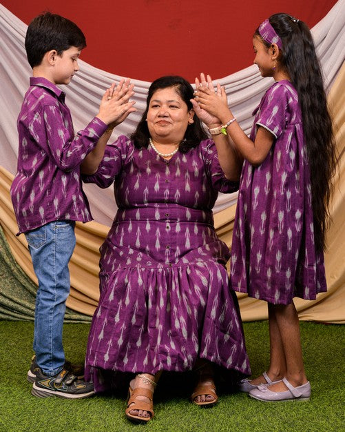Purple Aster Ikat Frill Mother Kids Twinning