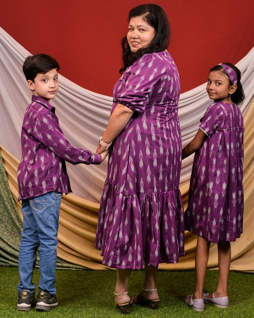 Purple Aster Ikat Frill Mother Kids Twinning