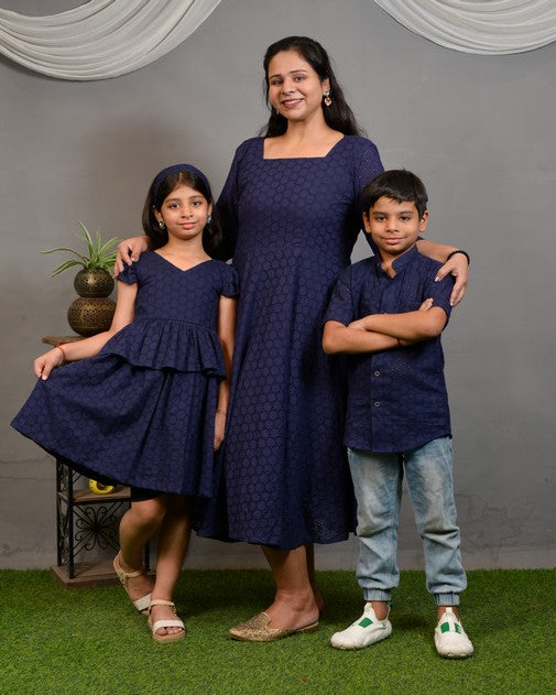 Ink Blue Cutwork Long Mother Kids Twinning