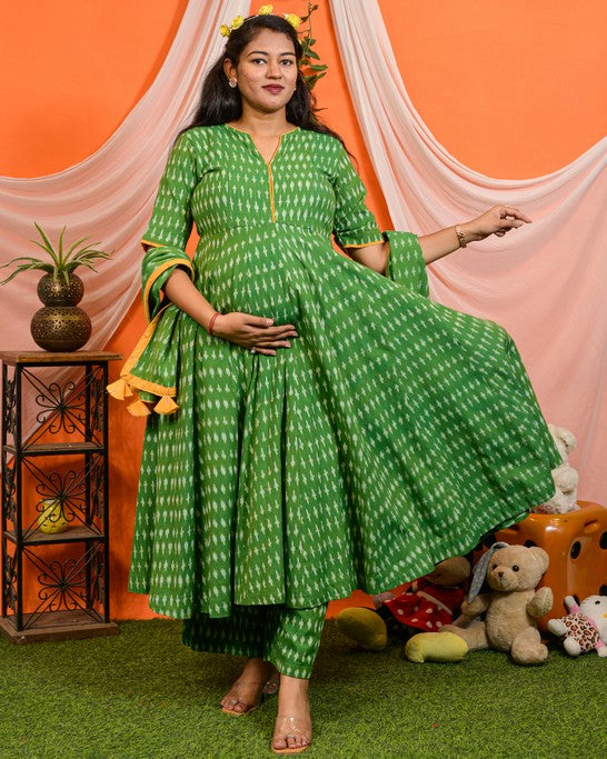 Green Ikat Anarkali Maternity Set