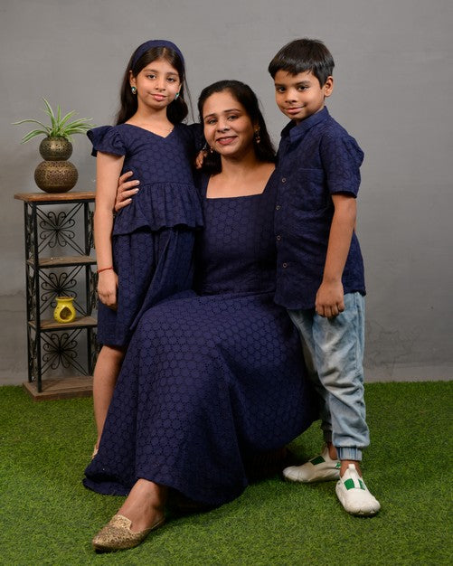 Ink Blue Cutwork Long Mother Kids Twinning