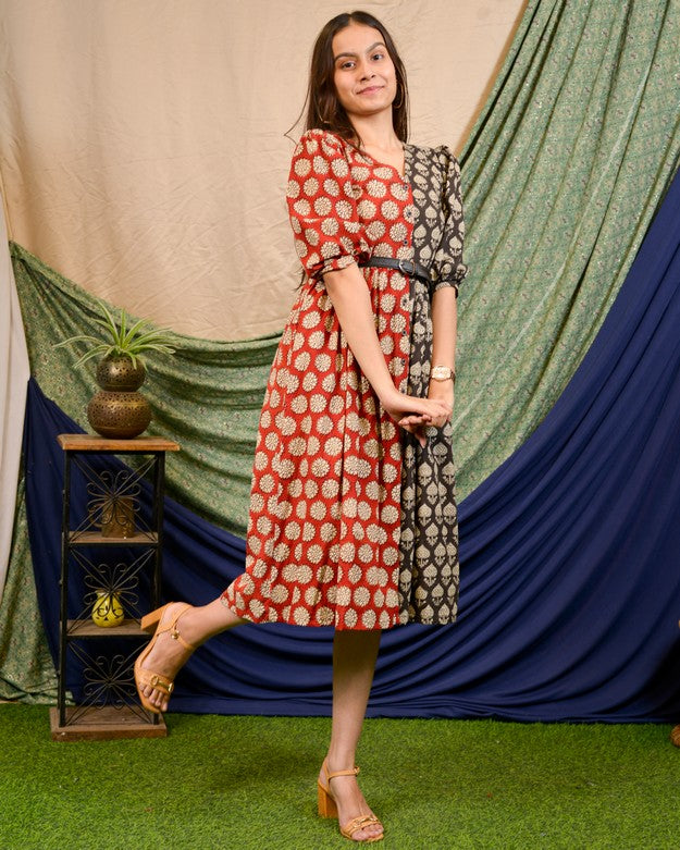 Rosy Noir Vine Dress with Belt