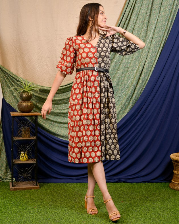 Rosy Noir Vine Dress with Belt