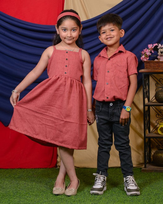 Pink Checkered with Sleeves Mother Kids Twinning