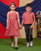 Pink Checkered Dress with Sleeves family set