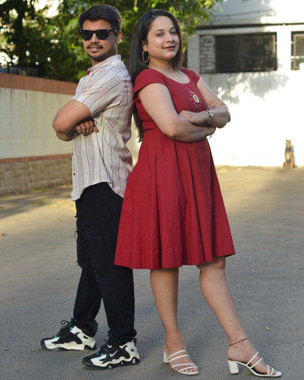 Maroon Red Dress With Shrug Couple Set