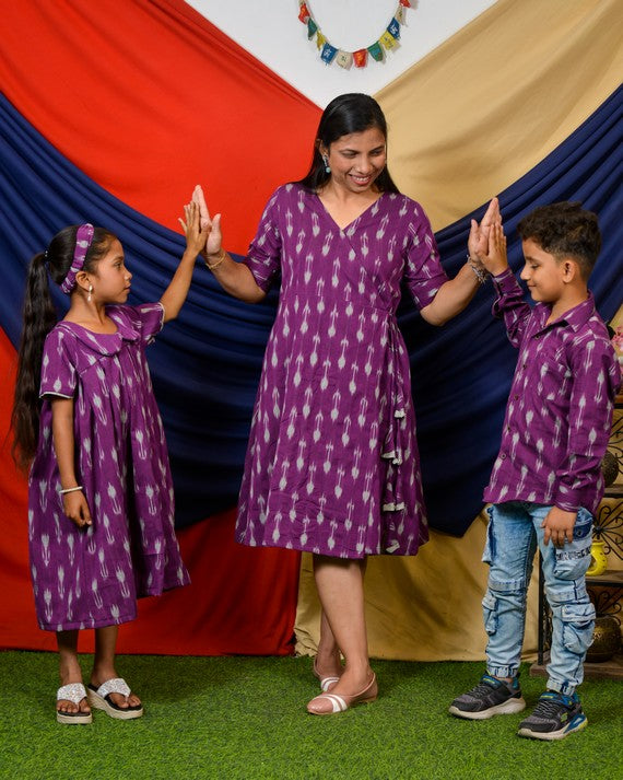 Purple Aster Ikat Angrakha Mother Kids Twinning